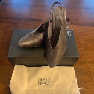 Eileen Fisher Pewter Venus Metallic Gatwick Slingback Block Heel Pump - NWT 6.5